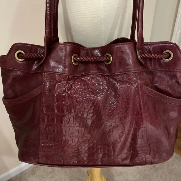 CHARLES DAVID BOHO HOBO BAG TOTE W/ BRAIDED DRAWSTRING TASSELS Burgundy/Oxblood - Picture 7 of 15